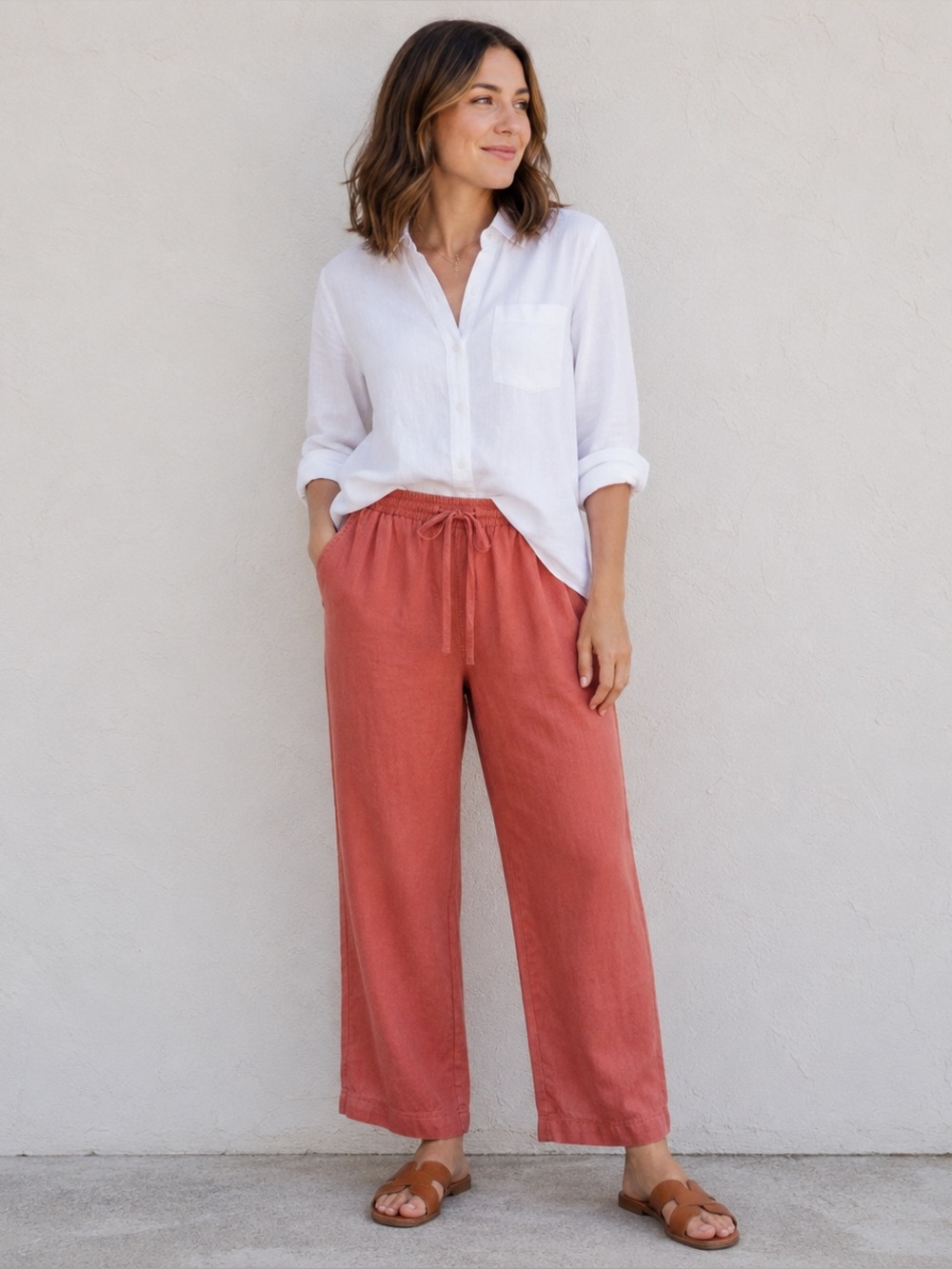 Coral Linen Blend Drawstring Pants S Coastal Resort Casual Travel
